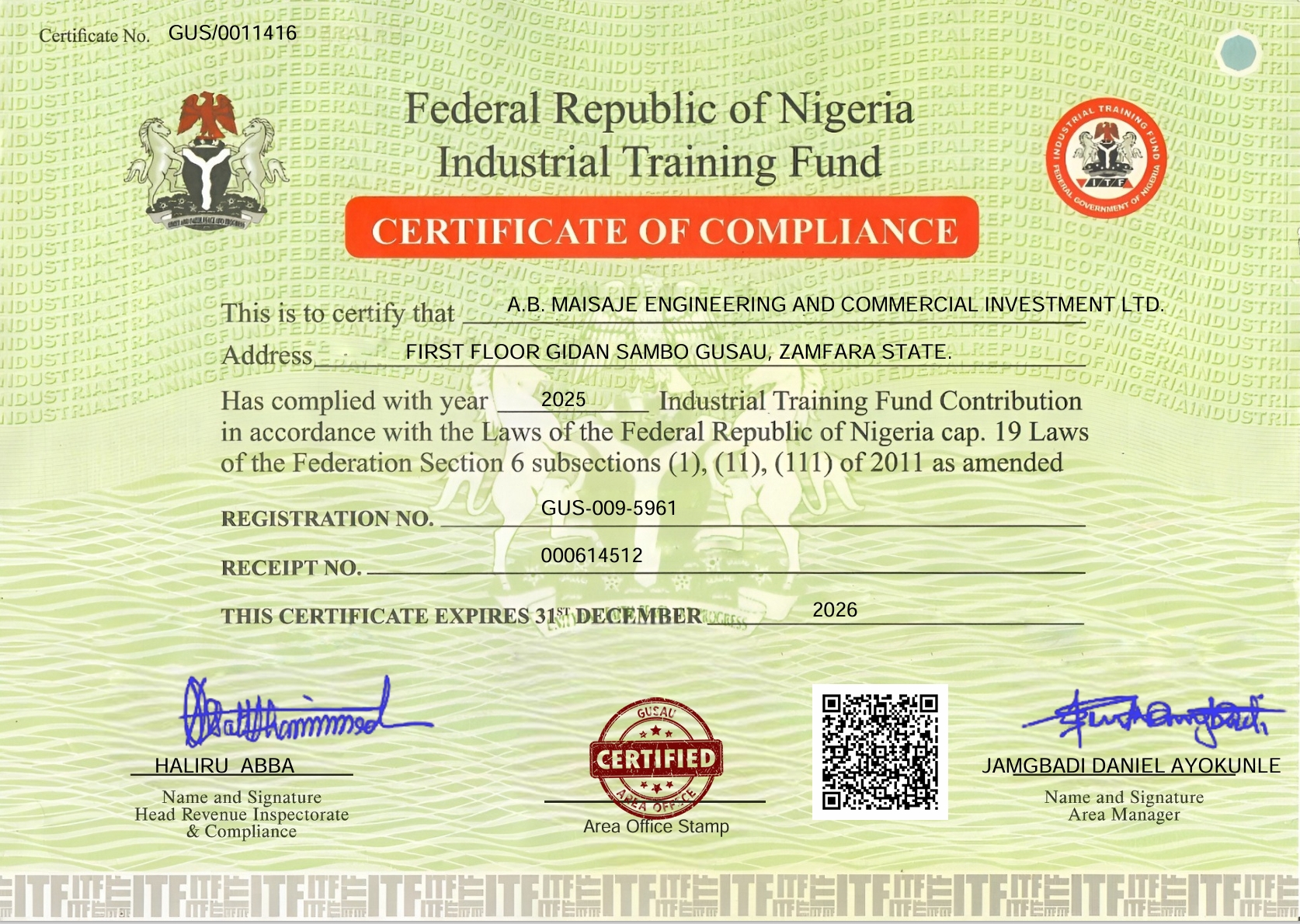 ITF Certificate of Compliance